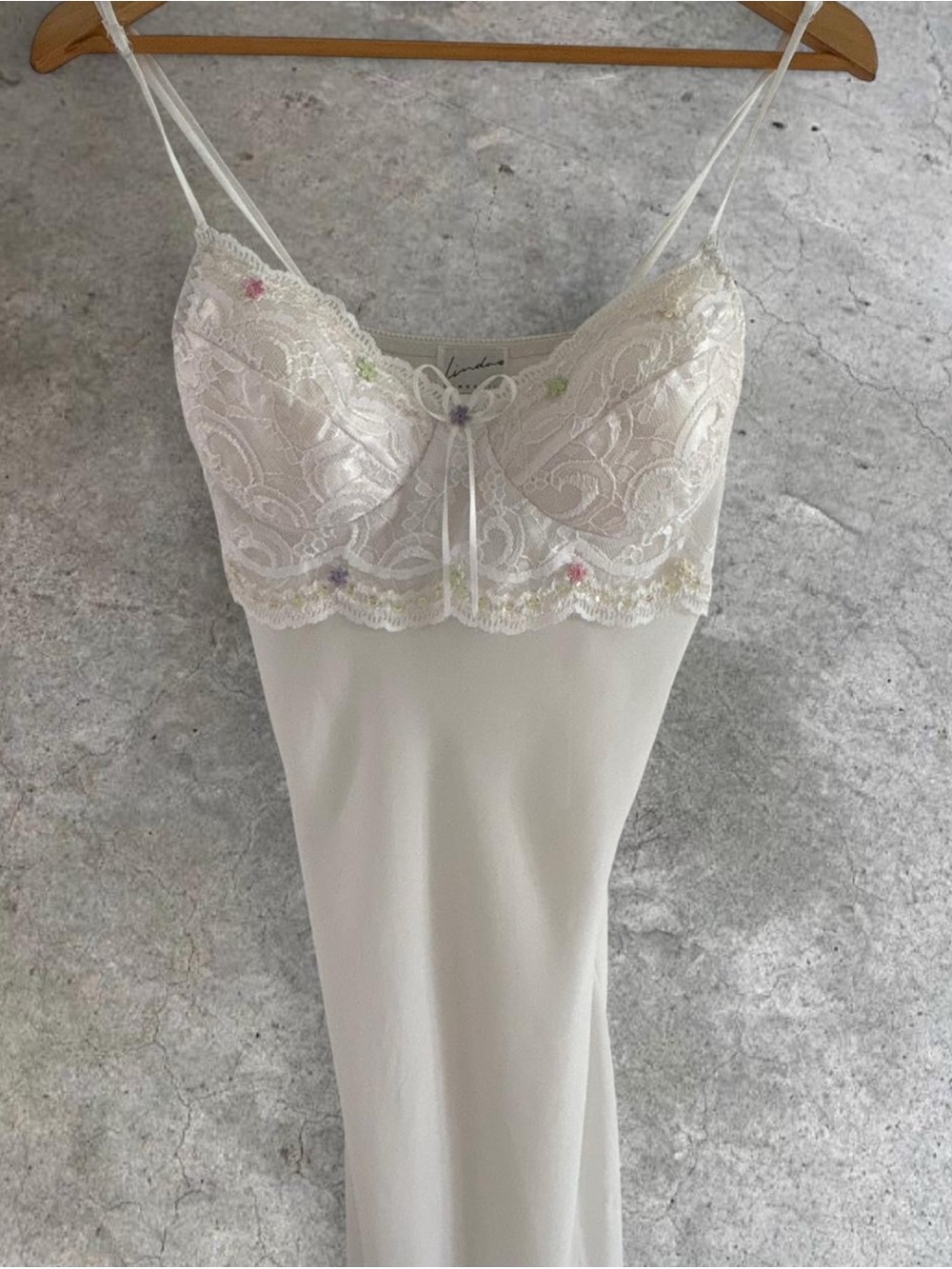 Delicate Ivory Lace Chemise with Subtle Pastel Embroidery